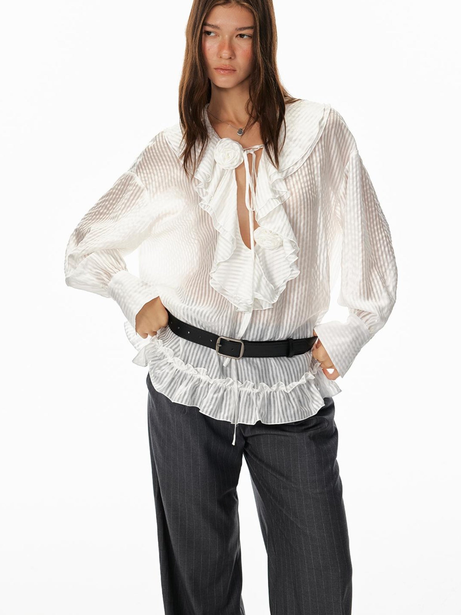 STRIKE A POSE Relaxed V-Neck Flowy Ruffle Stripe Blouse Shirt