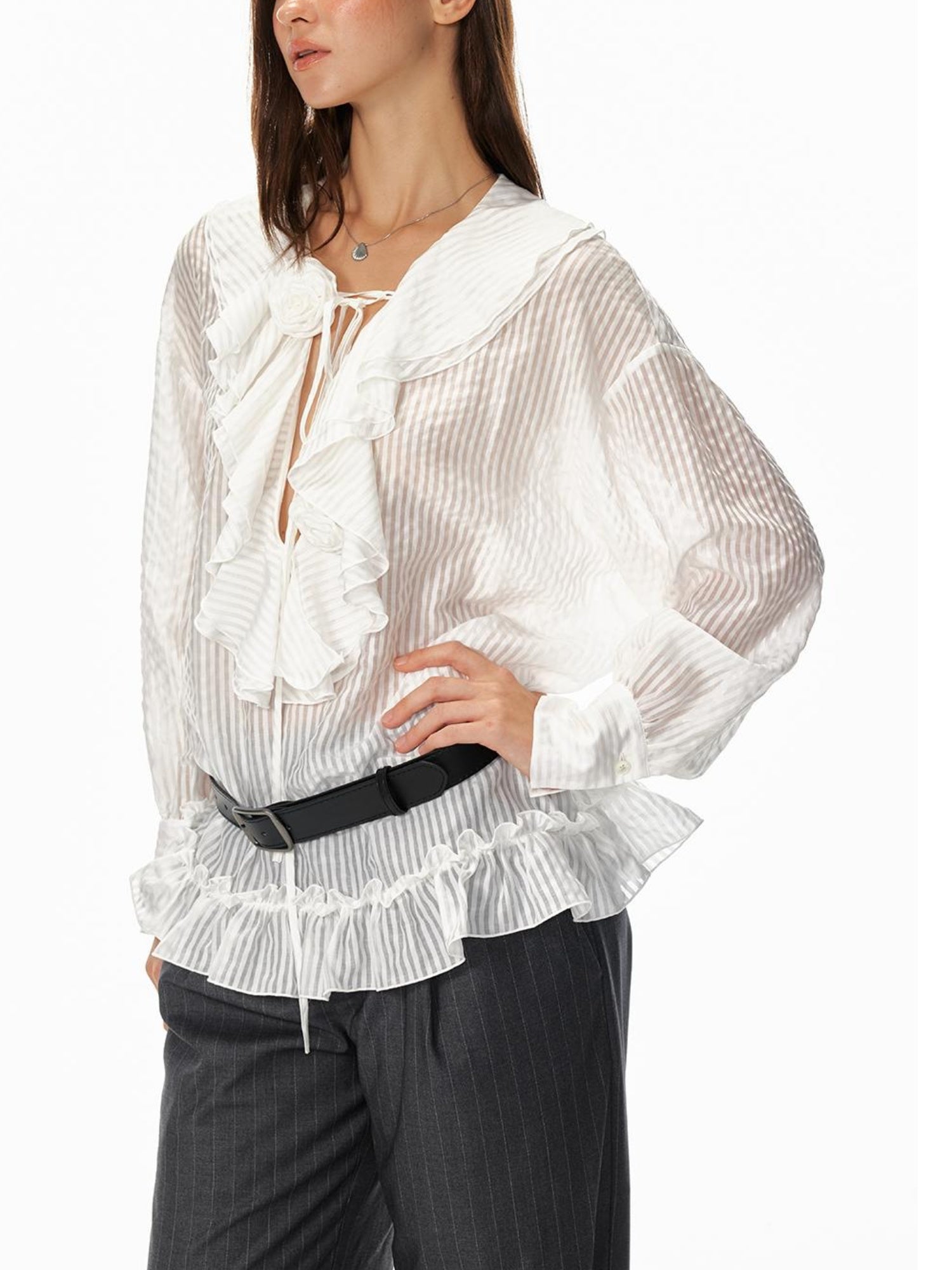 STRIKE A POSE Relaxed V-Neck Flowy Ruffle Stripe Blouse Shirt