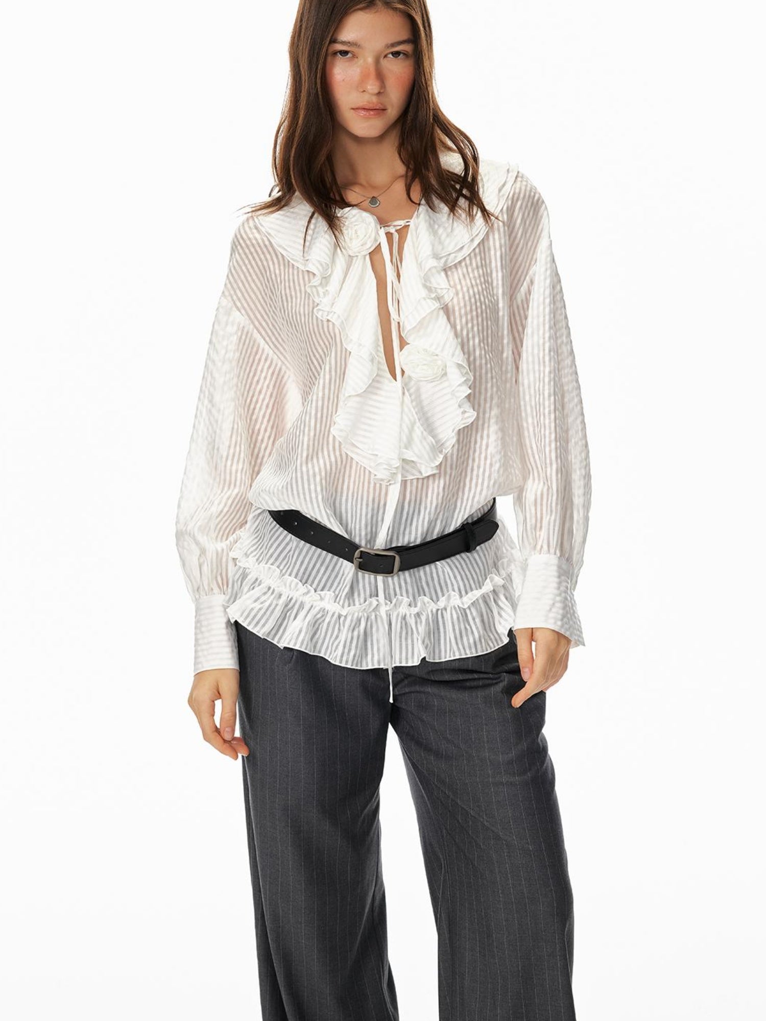 STRIKE A POSE Relaxed V-Neck Flowy Ruffle Stripe Blouse Shirt