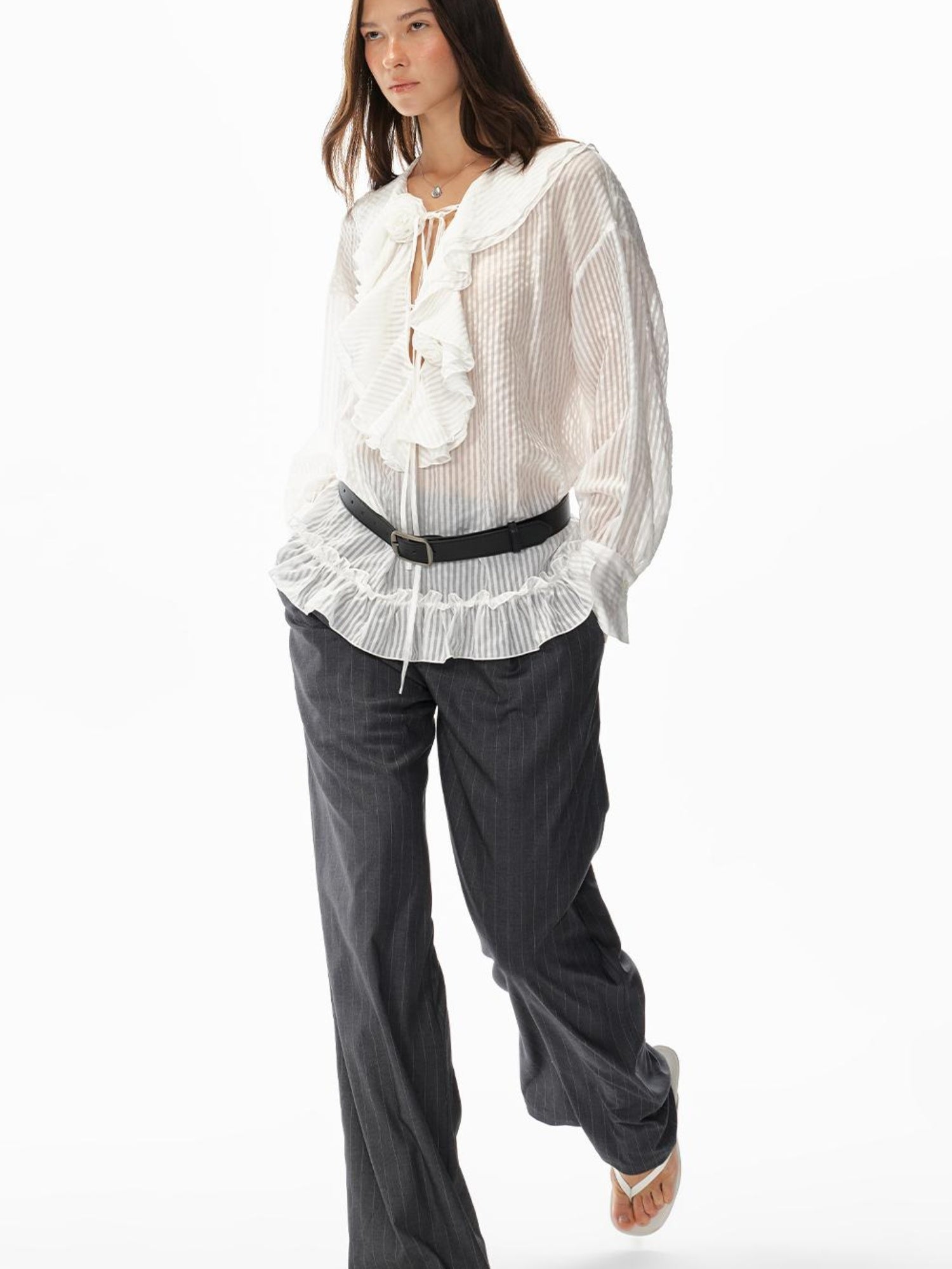 STRIKE A POSE Relaxed V-Neck Flowy Ruffle Stripe Blouse Shirt