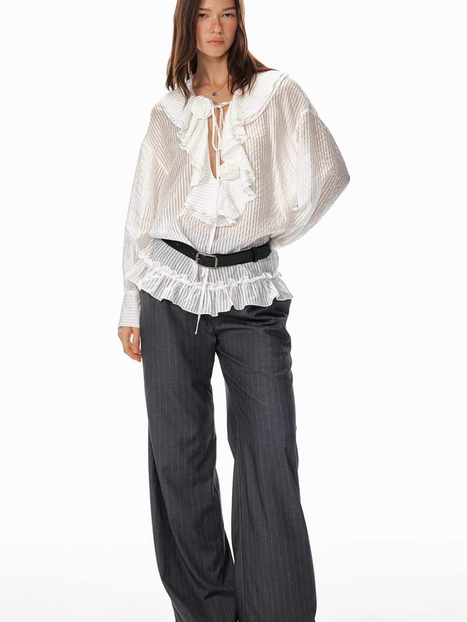 STRIKE A POSE Relaxed V-Neck Flowy Ruffle Stripe Blouse Shirt