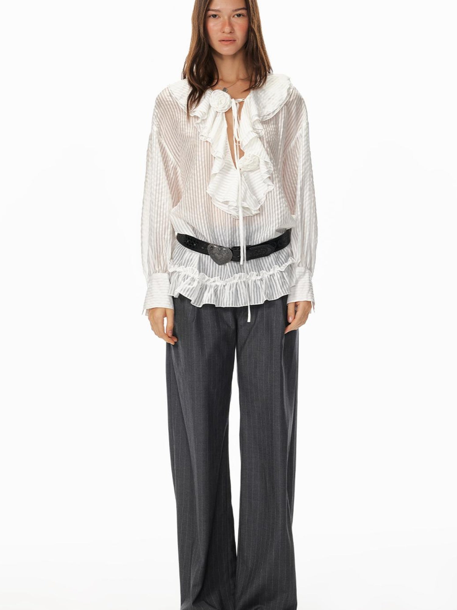 STRIKE A POSE Relaxed V-Neck Flowy Ruffle Stripe Blouse Shirt
