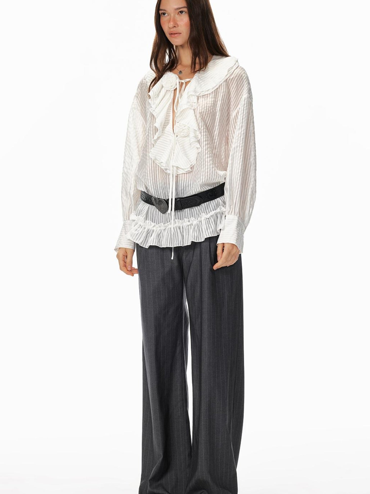 STRIKE A POSE Relaxed V-Neck Flowy Ruffle Stripe Blouse Shirt
