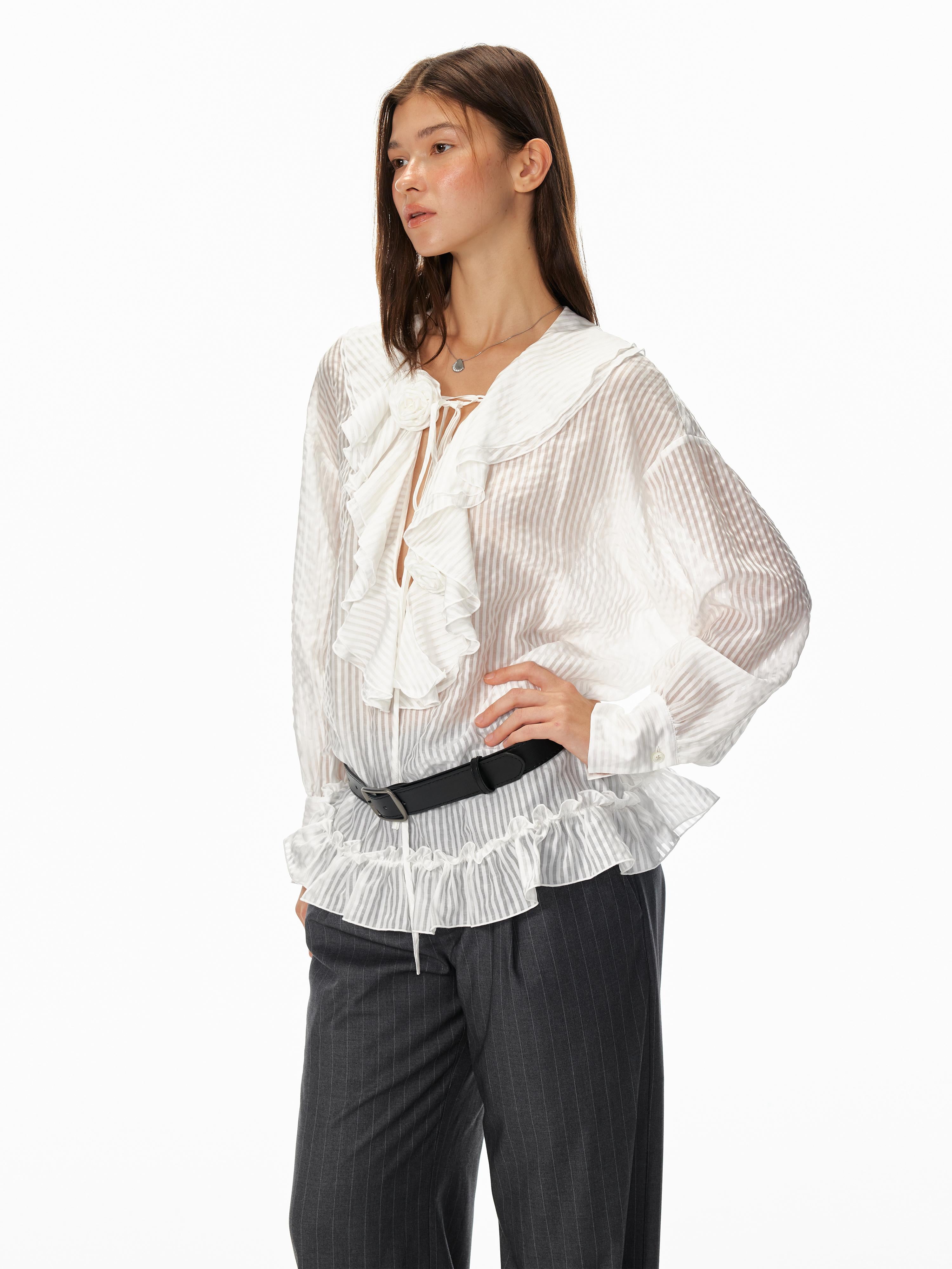 STRIKE A POSE Relaxed V-Neck Flowy Ruffle Stripe Blouse Shirt