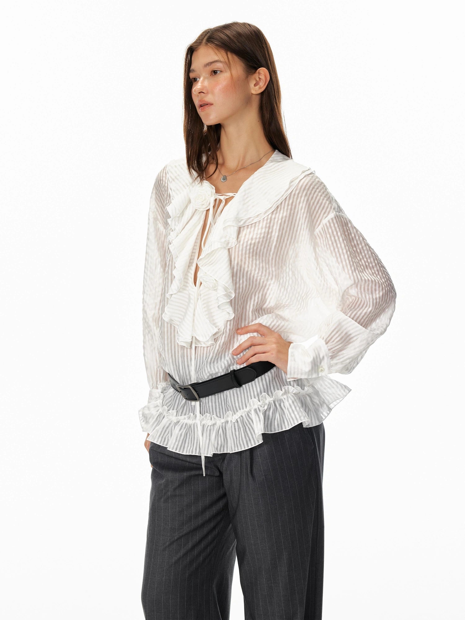 Relaxed V-Neck Flowy Ruffle Stripe Blouse Shirt