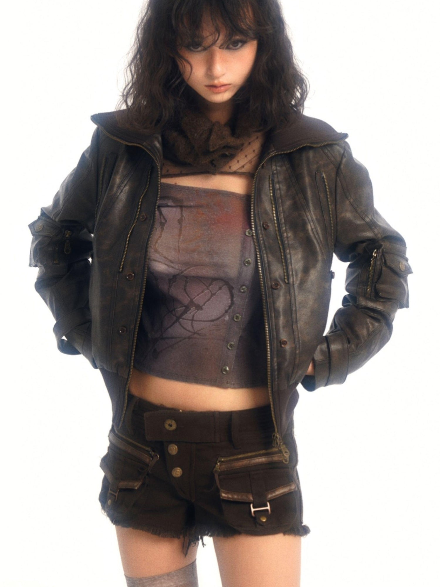 Flowers birds Market Removable Eco-Fur Windproof Short Leather Jacket