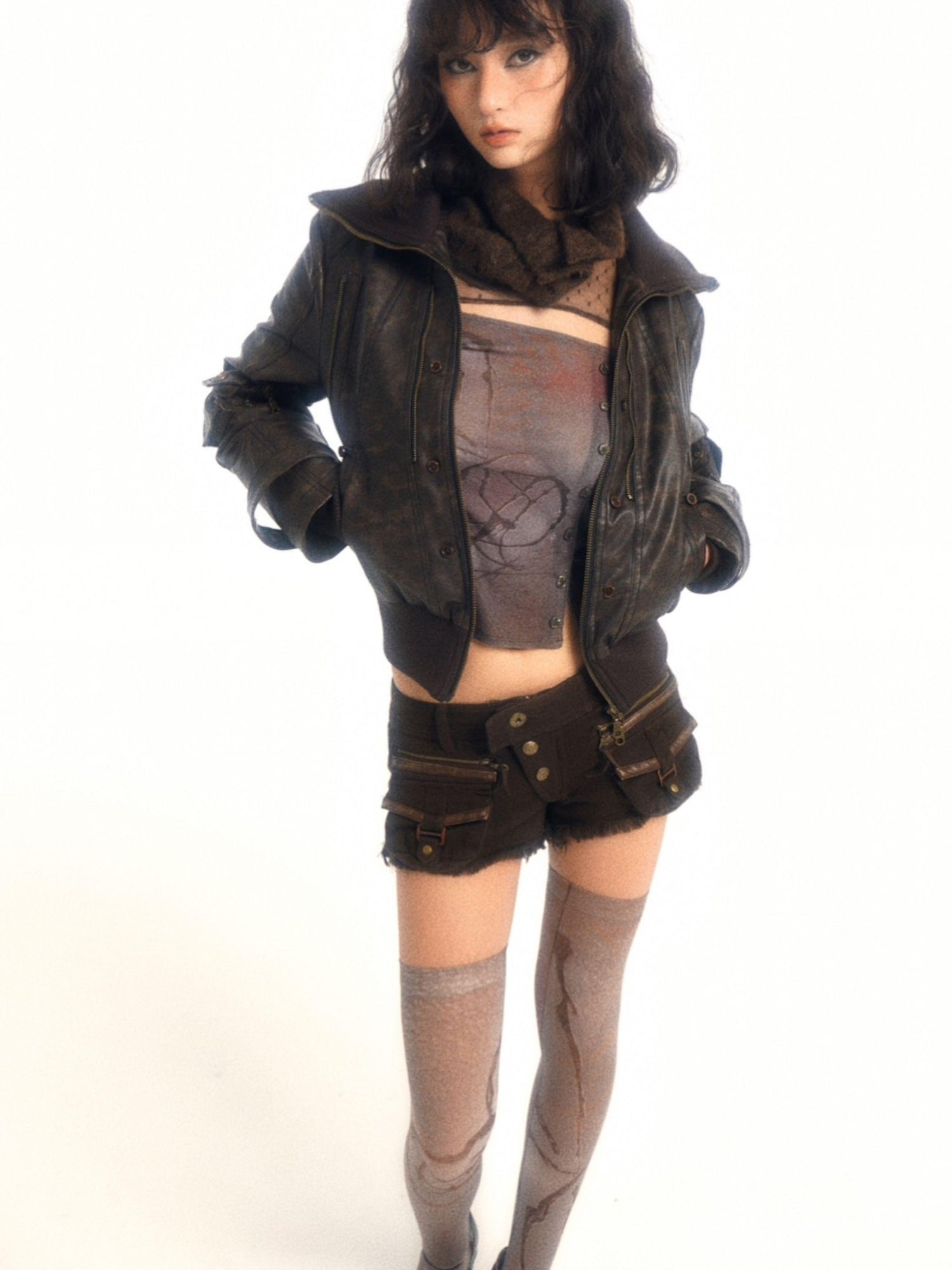 Flowers birds Market Removable Eco-Fur Windproof Short Leather Jacket