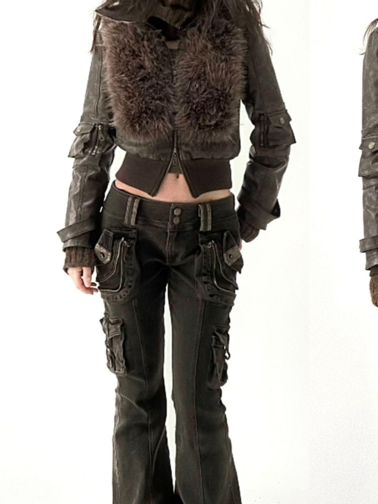 Flowers birds Market Removable Eco-Fur Windproof Short Leather Jacket