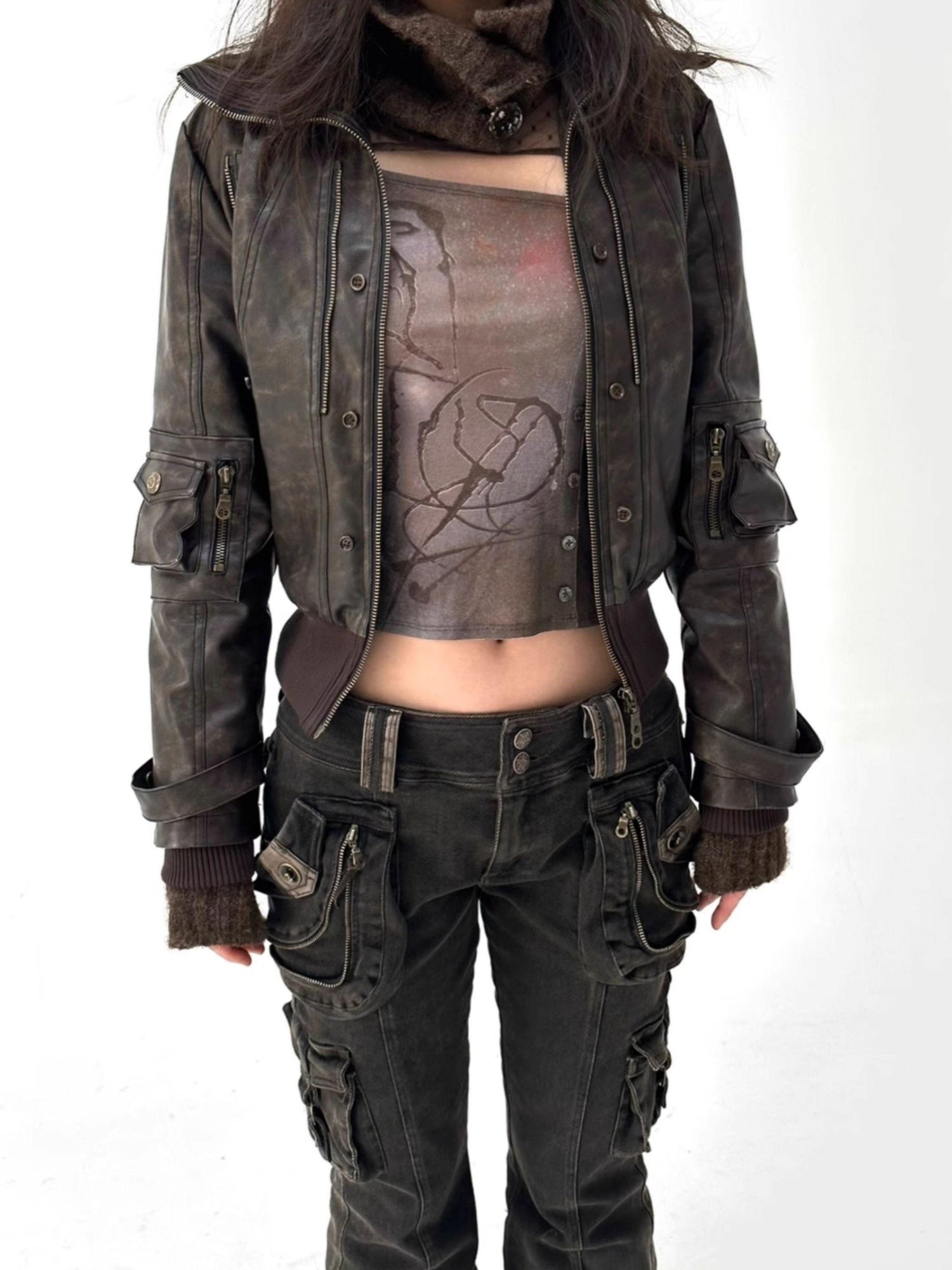 Flowers birds Market Removable Eco-Fur Windproof Short Leather Jacket
