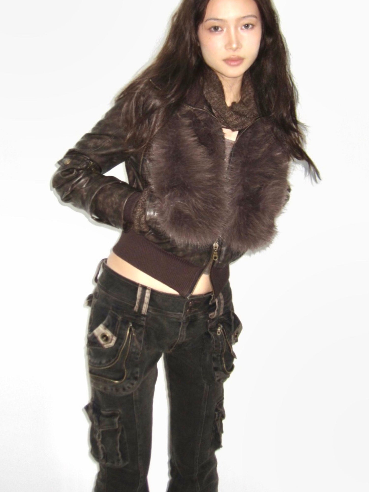 Flowers birds Market Removable Eco-Fur Windproof Short Leather Jacket