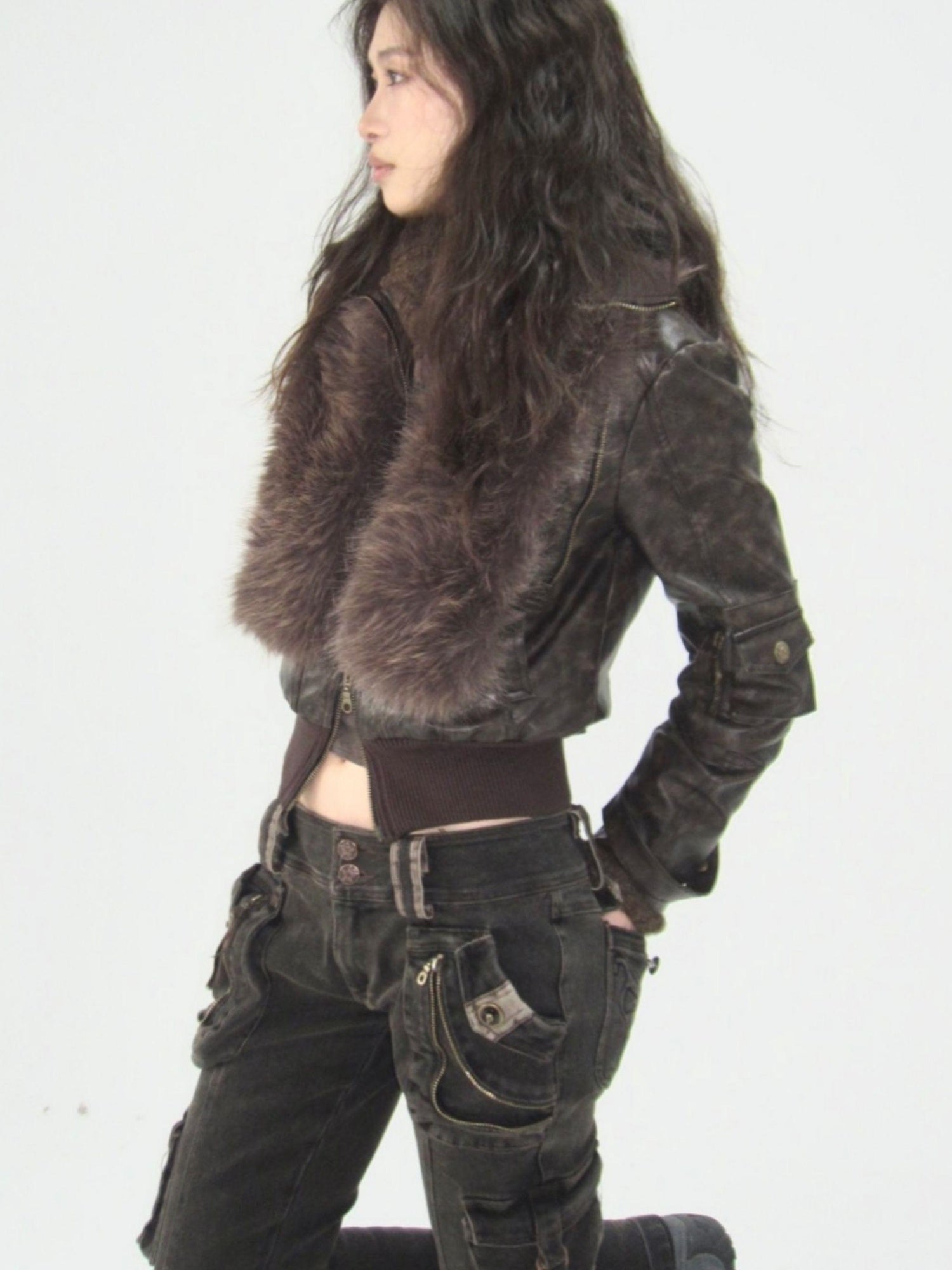 Flowers birds Market Removable Eco-Fur Windproof Short Leather Jacket