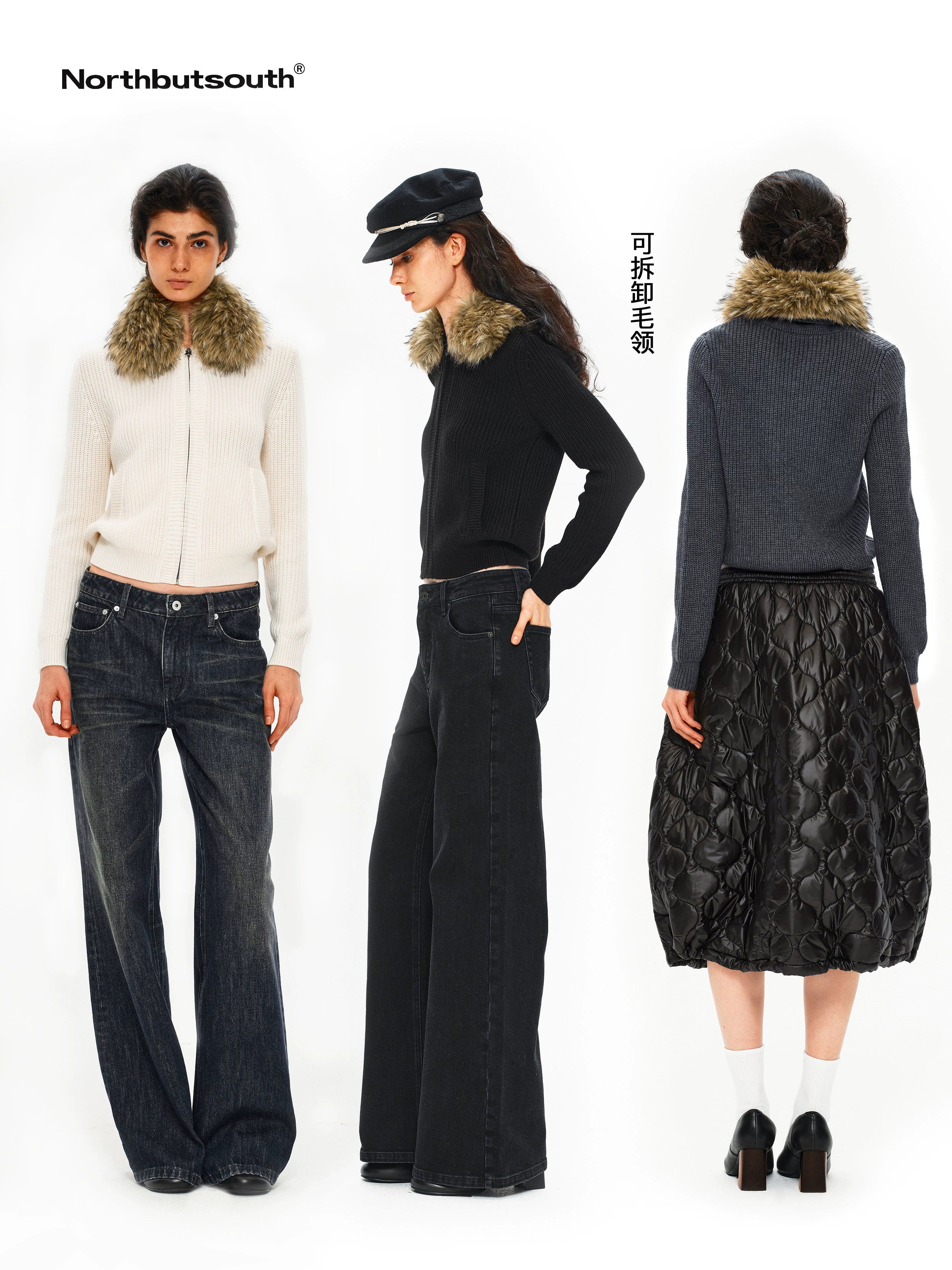 Removable Fur Collar Lapel Zip Front Women&
