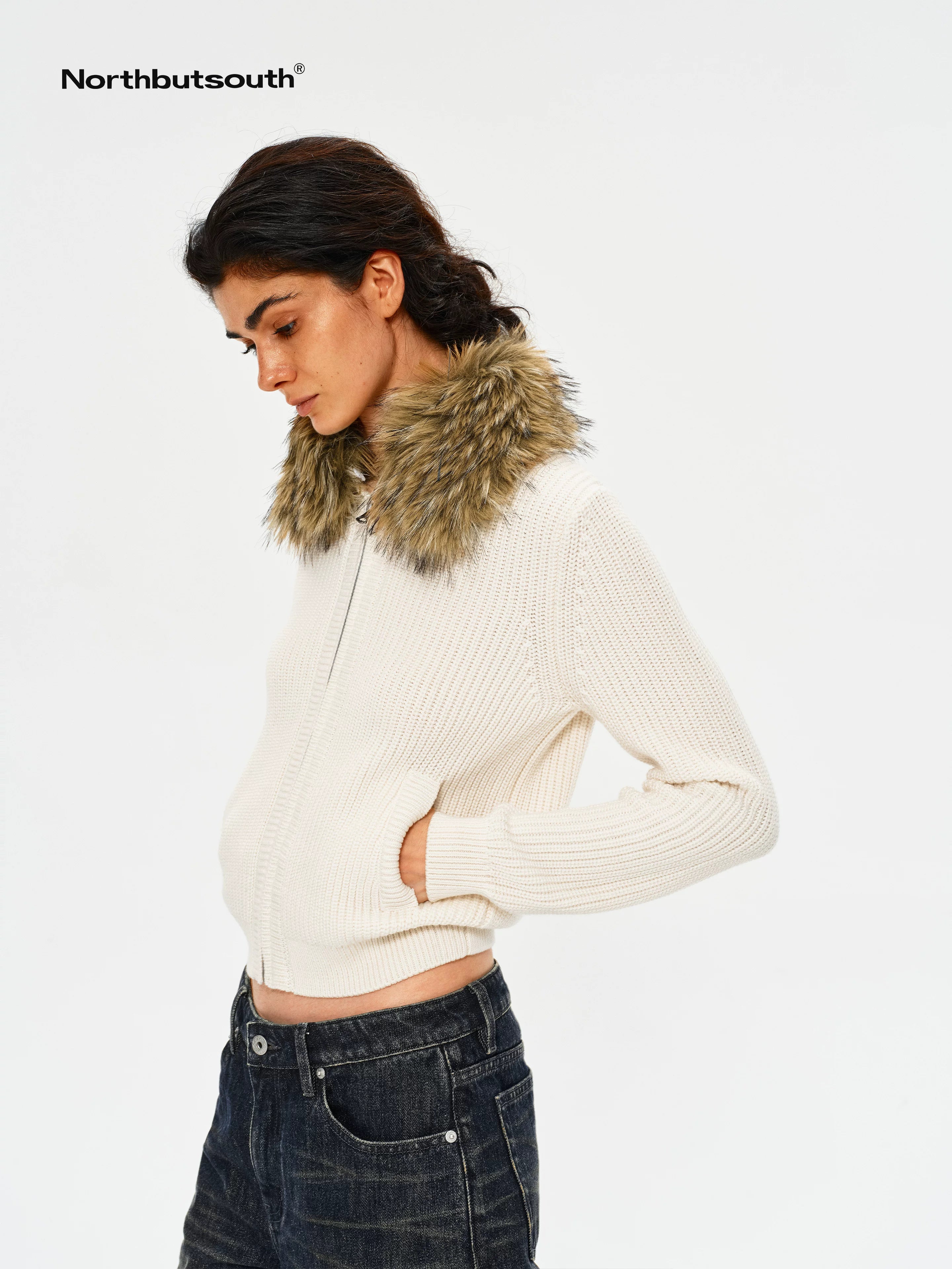 Removable Fur Collar Lapel Zip Front Women&