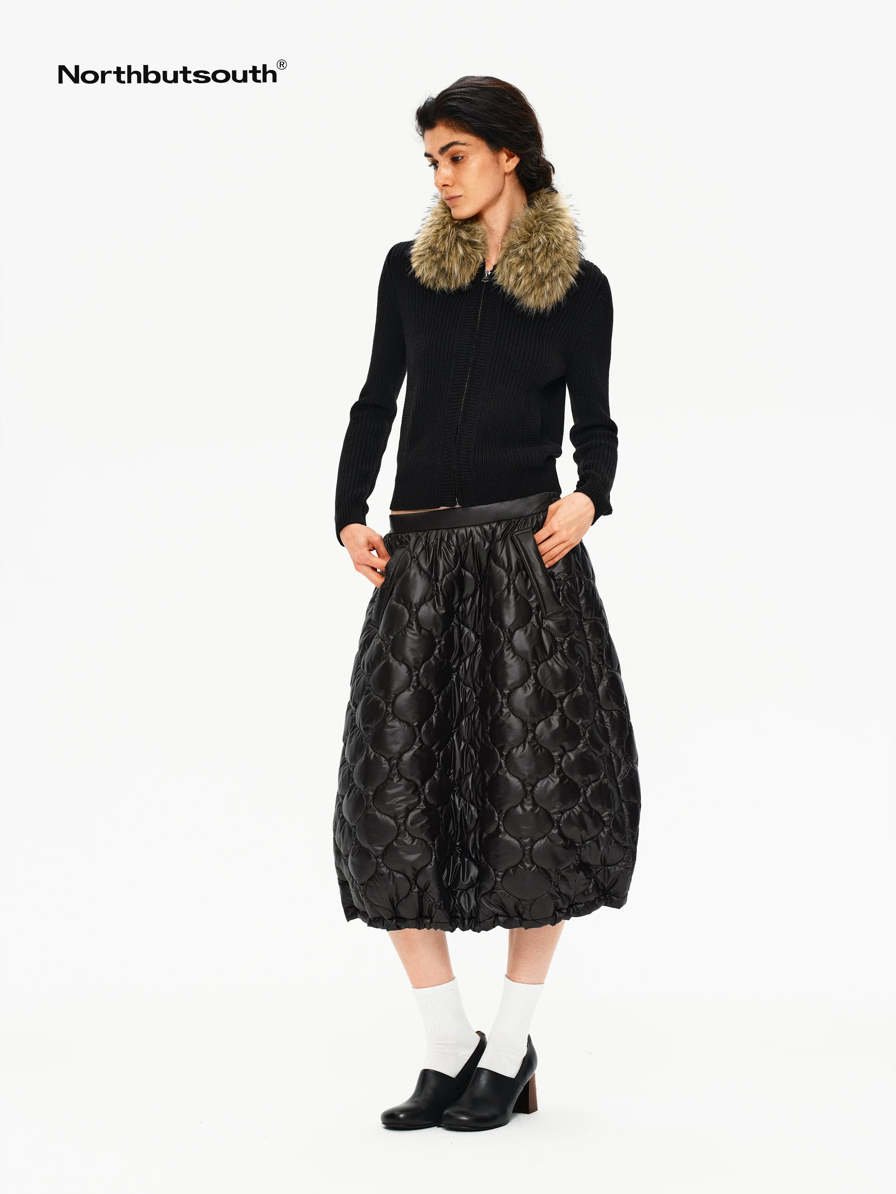 Removable Fur Collar Lapel Zip Front Women&
