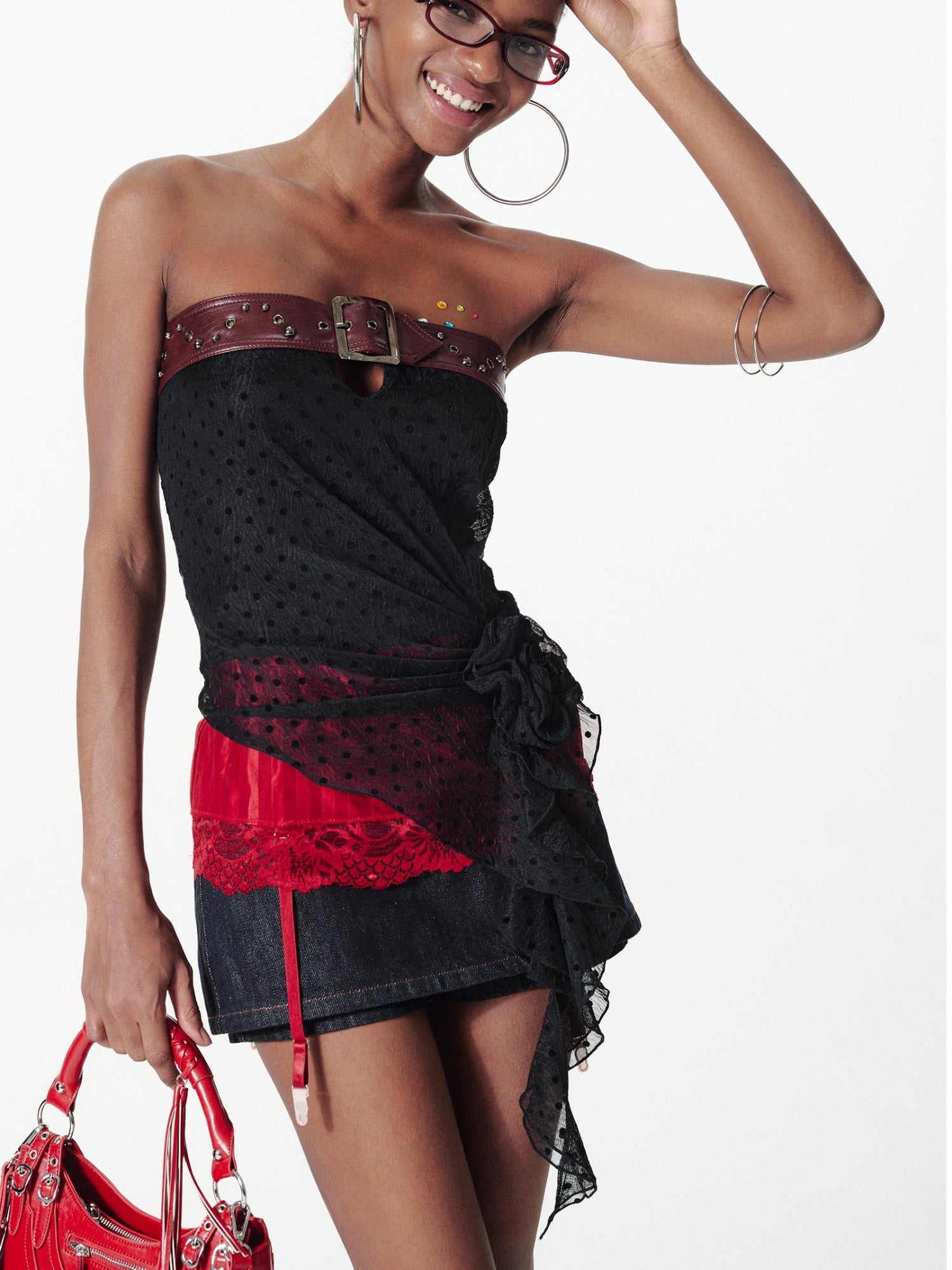 2th Desire Removable Rose Floral Lace Peplum Studded Bustier Top