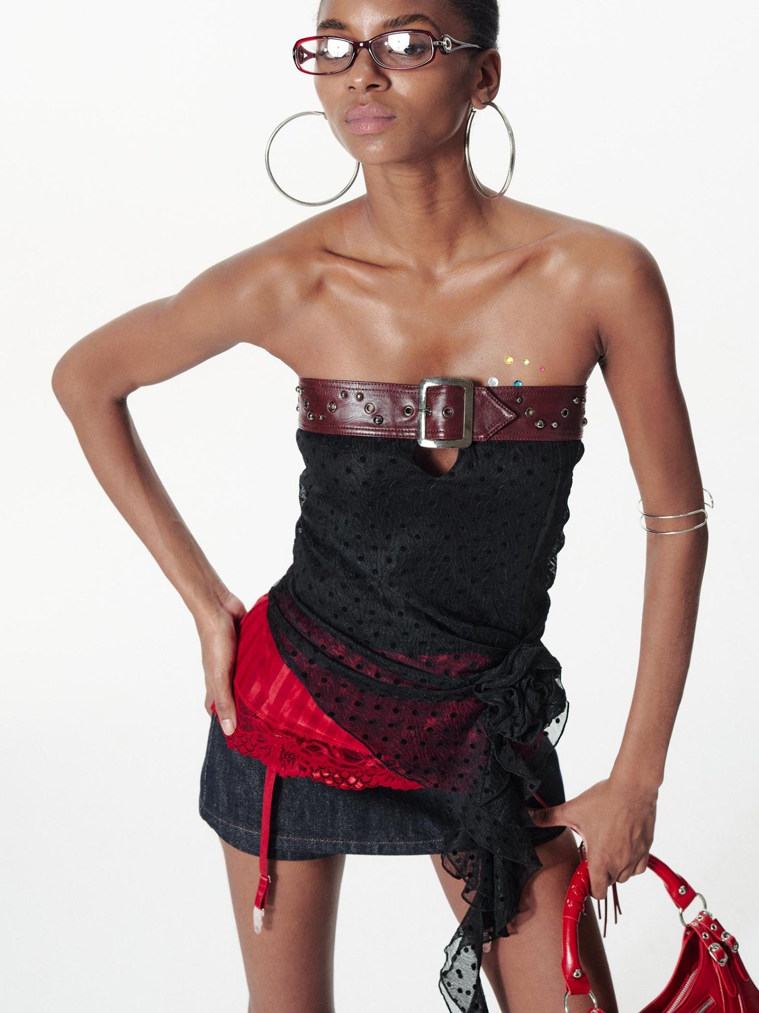 2th Desire Removable Rose Floral Lace Peplum Studded Bustier Top