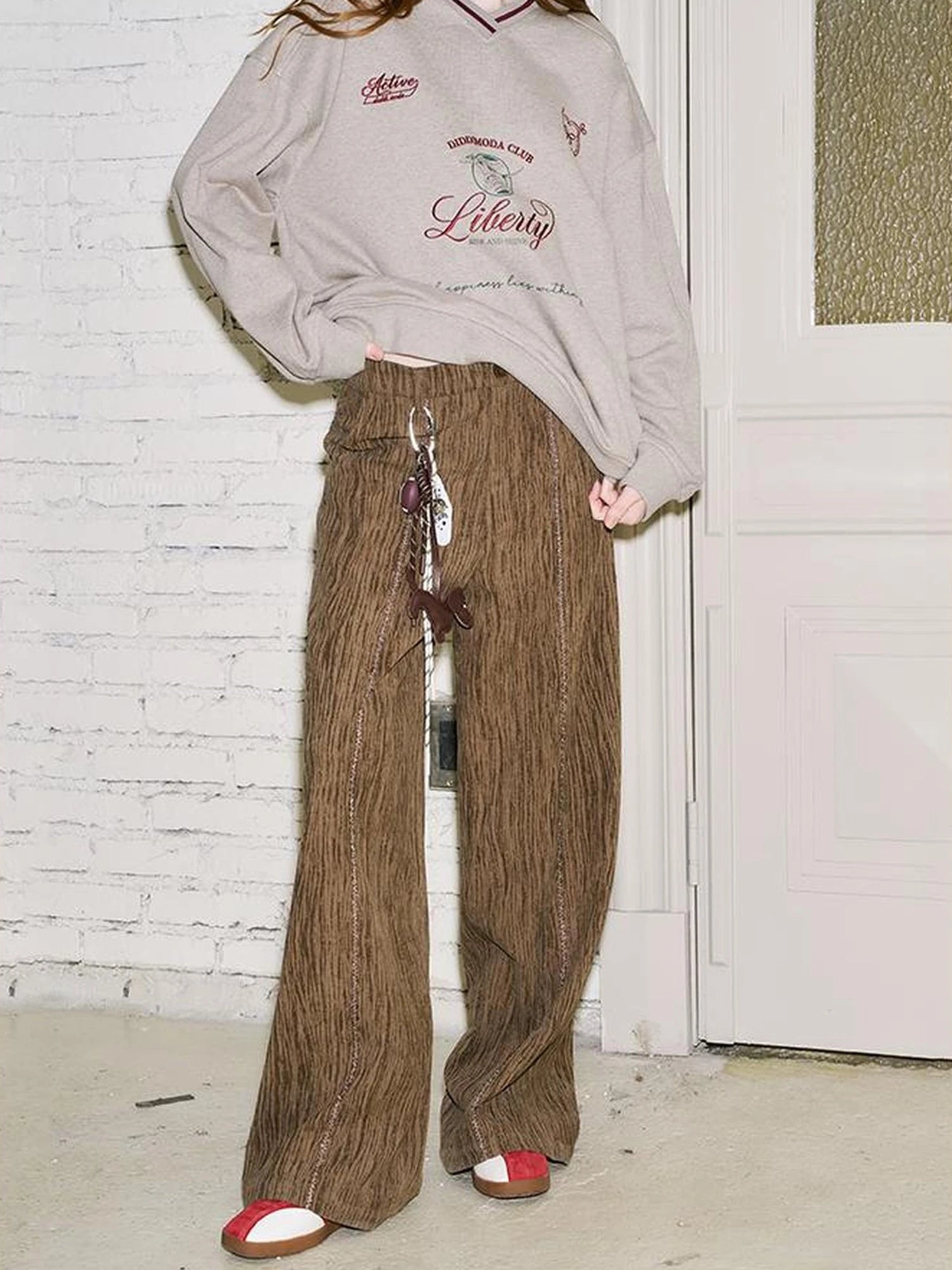 Retro Brown Wide Leg Trousers With Straps
