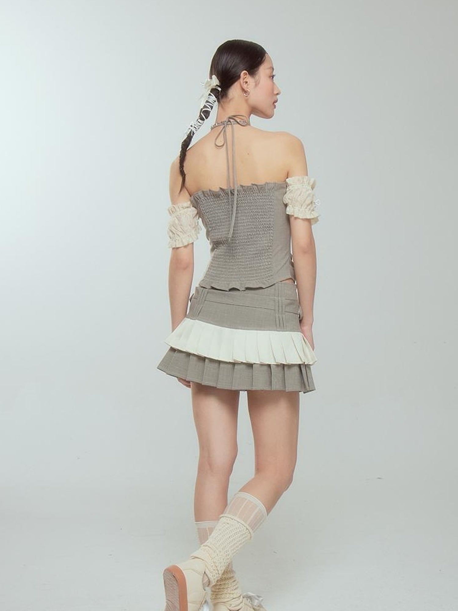 DIDDI MODA Retro Checkered Halter Set With Ruffled Skirt
