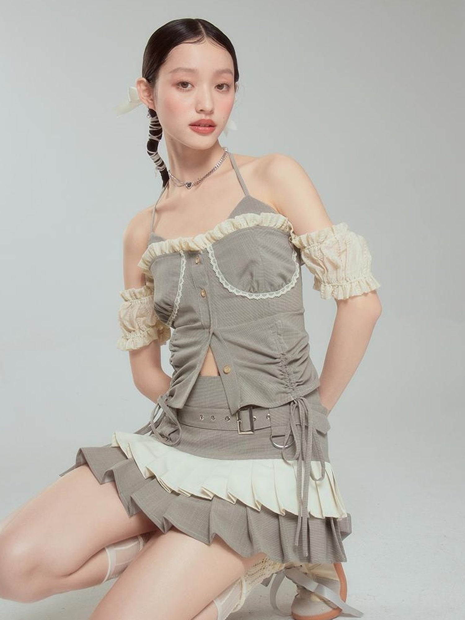 DIDDI MODA Retro Checkered Halter Set With Ruffled Skirt