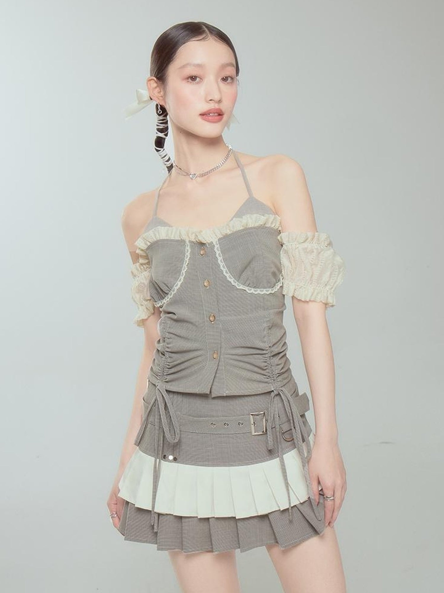 DIDDI MODA Retro Checkered Halter Set With Ruffled Skirt