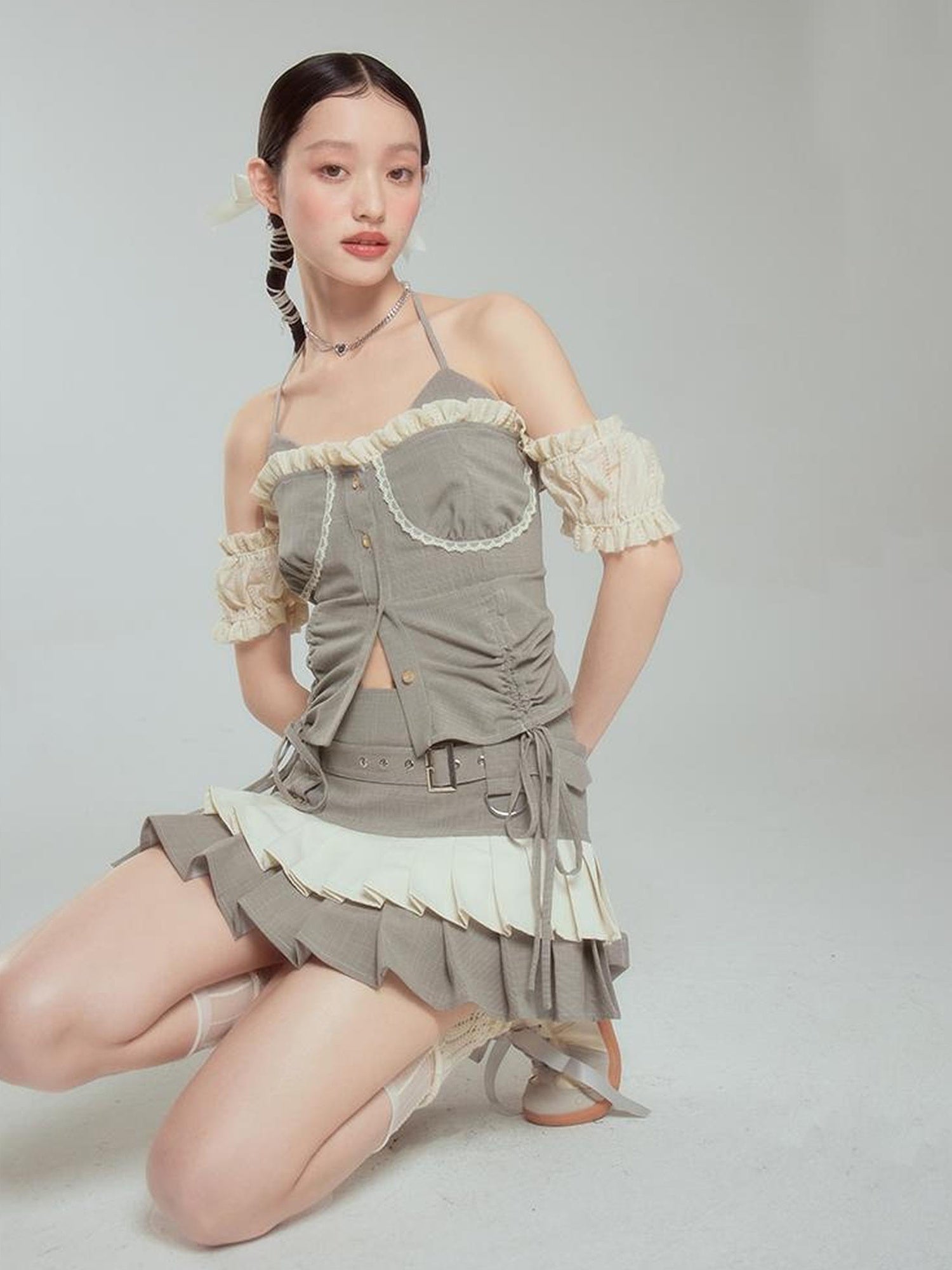 DIDDI MODA Retro Checkered Halter Set With Ruffled Skirt