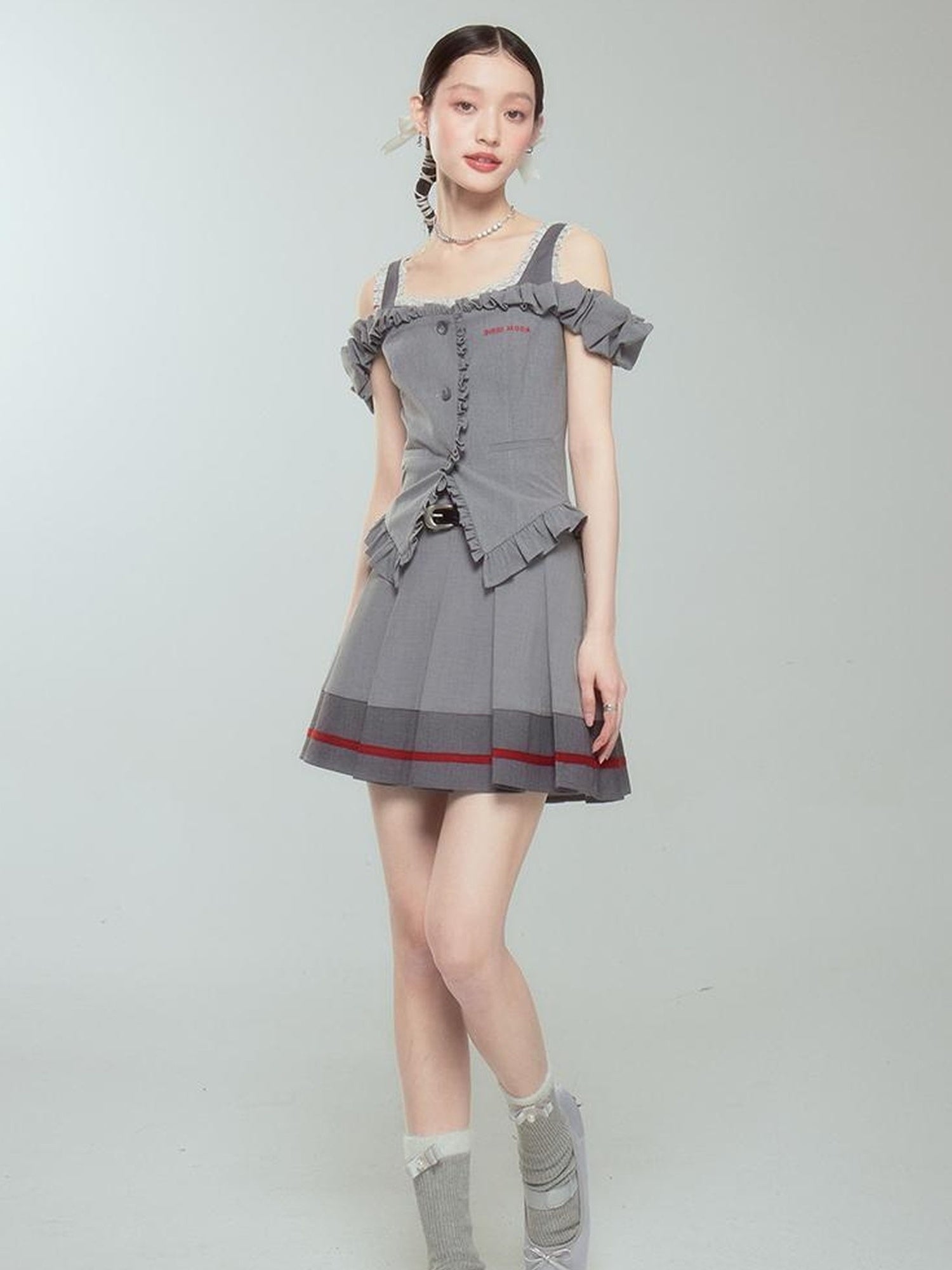 DIDDI MODA Retro Chic High Waist A Line Pleated Skirt With Contrast Trim