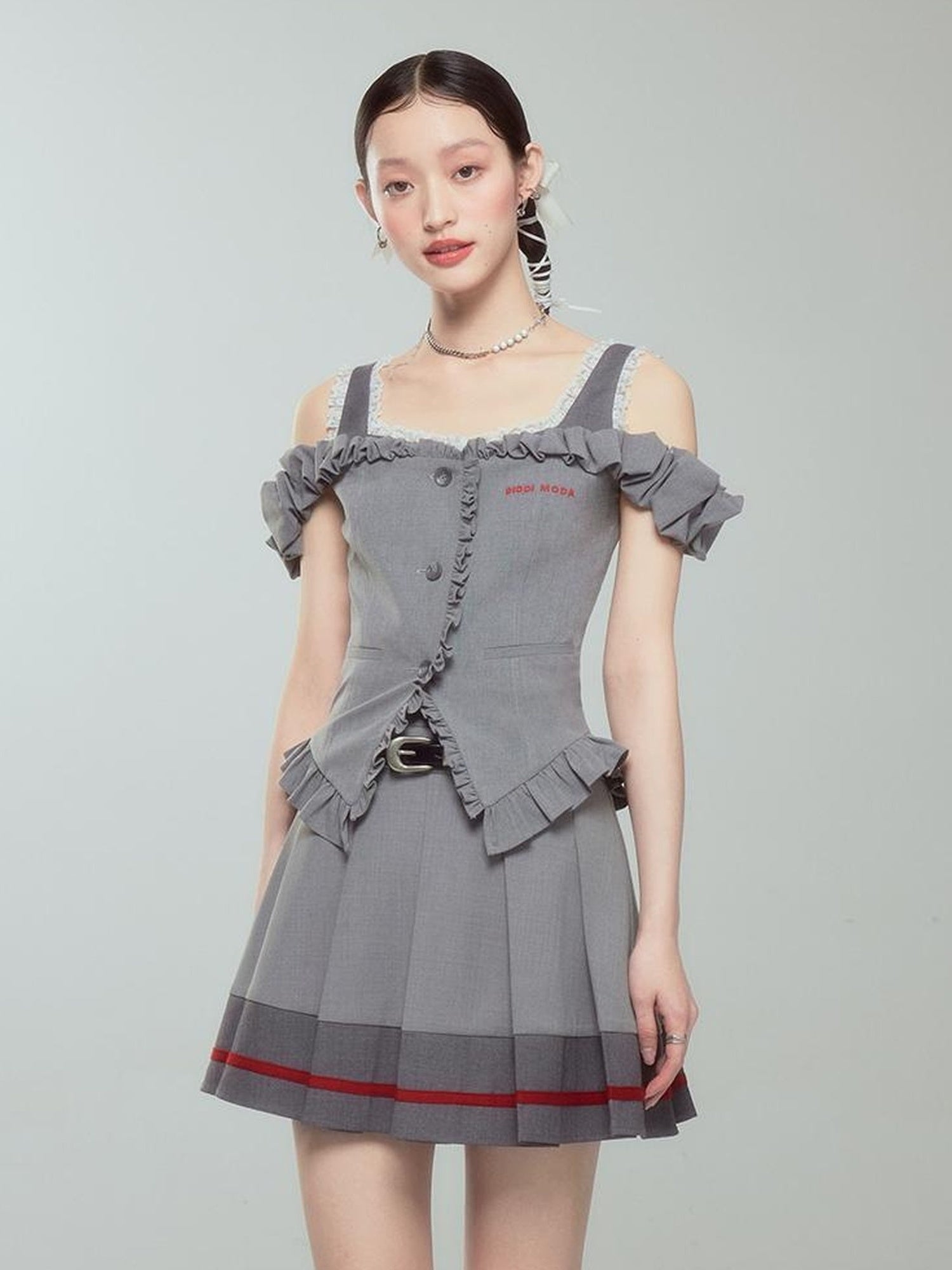 DIDDI MODA Retro Chic High Waist A Line Pleated Skirt With Contrast Trim