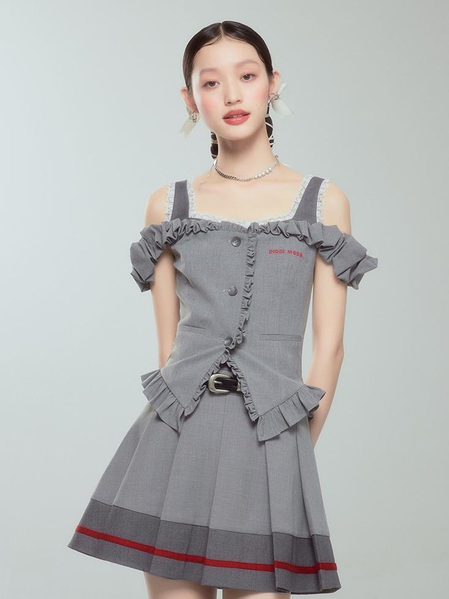 DIDDI MODA Retro Chic High Waist A Line Pleated Skirt With Contrast Trim