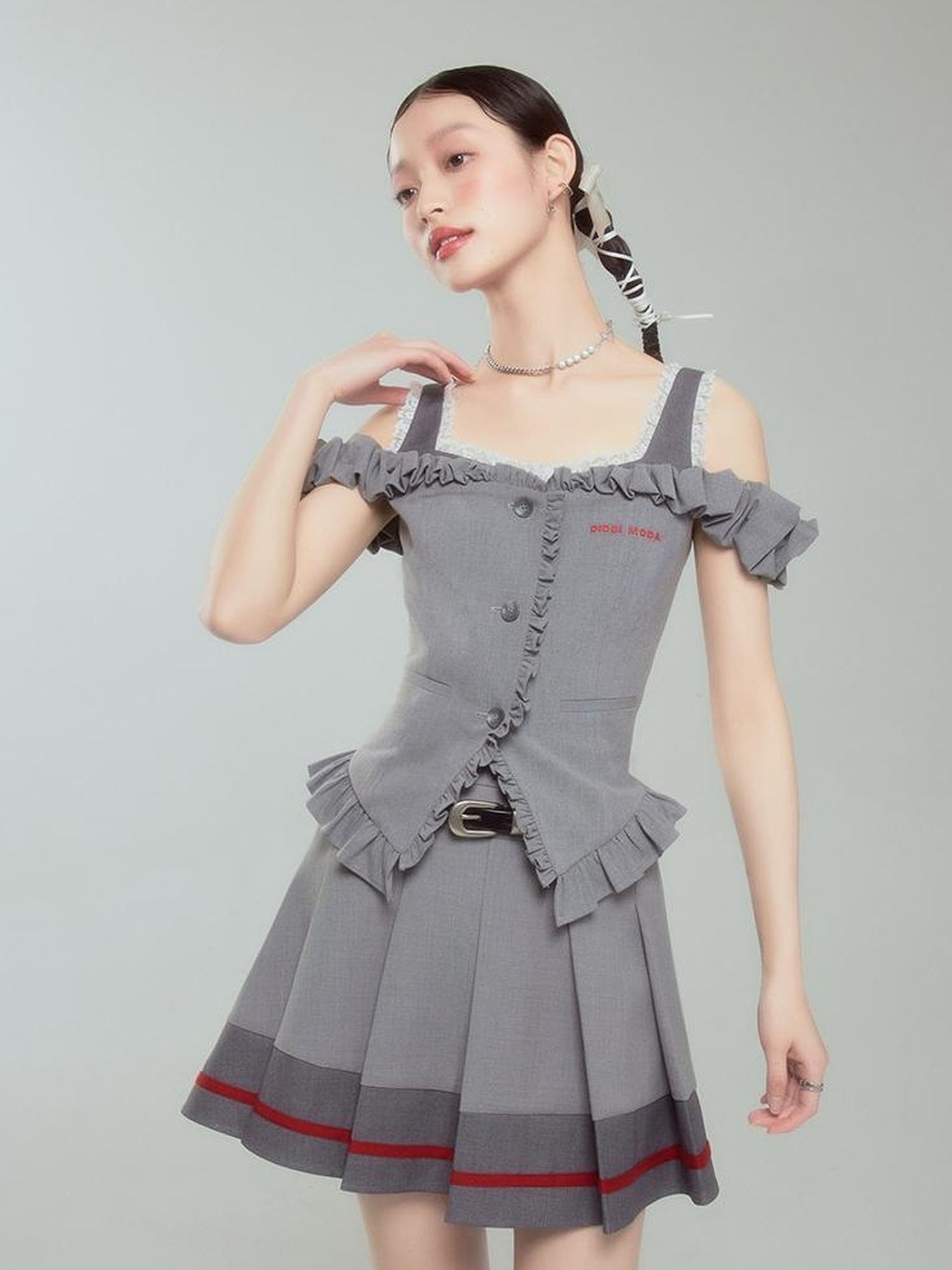 DIDDI MODA Retro Chic High Waist A Line Pleated Skirt With Contrast Trim