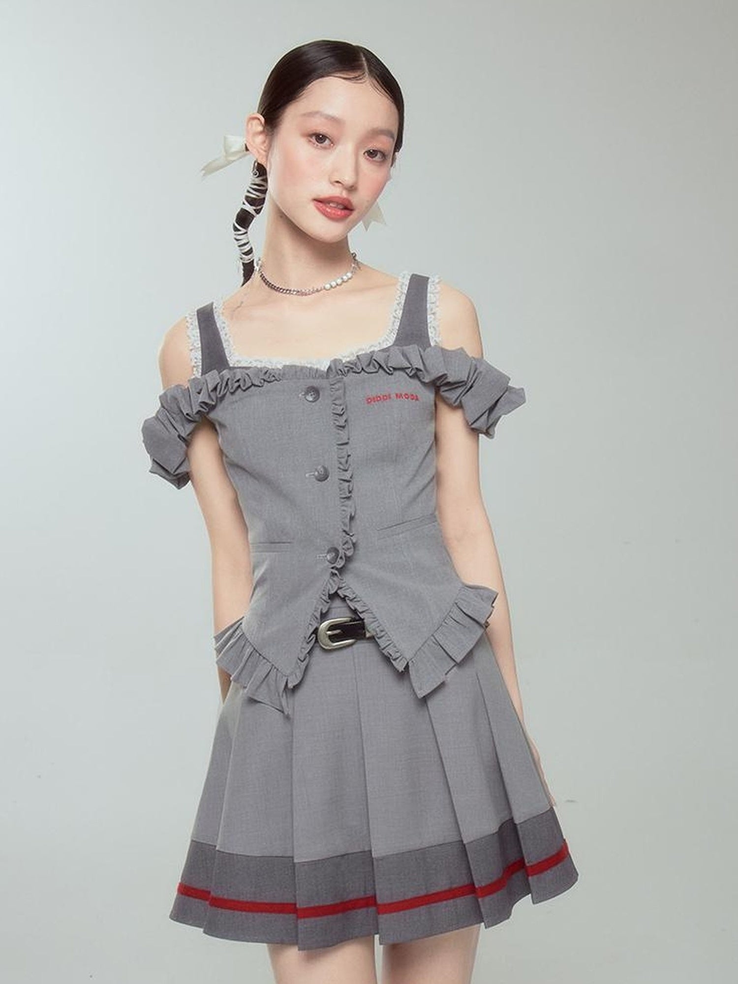 DIDDI MODA Retro Chic High Waist A Line Pleated Skirt With Contrast Trim