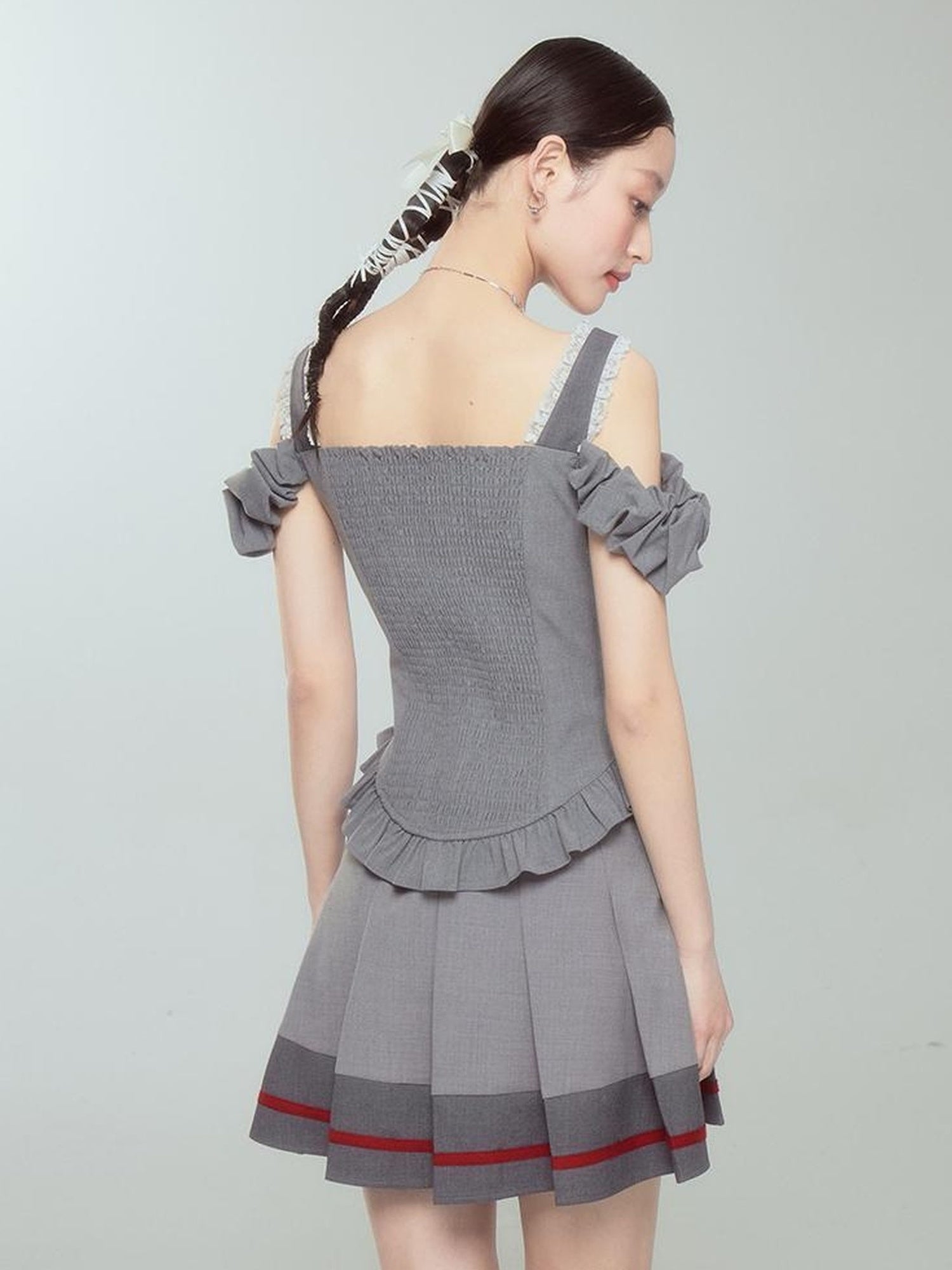 DIDDI MODA Retro Chic High Waist A Line Pleated Skirt With Contrast Trim