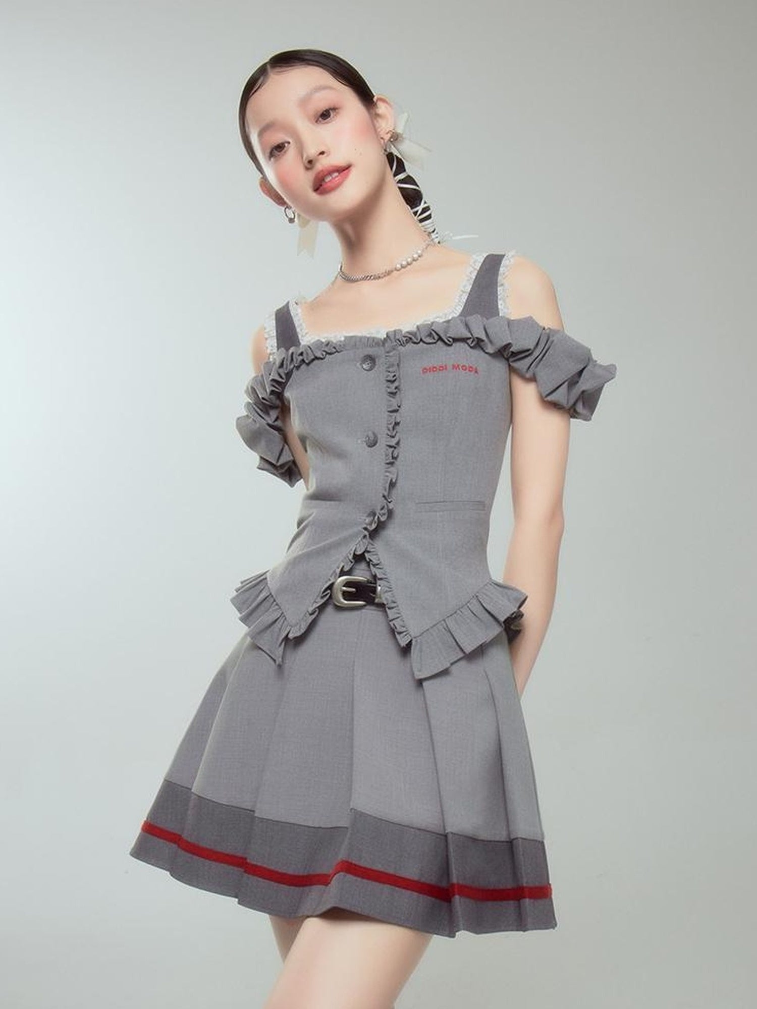 DIDDI MODA Retro Chic High Waist A Line Pleated Skirt With Contrast Trim