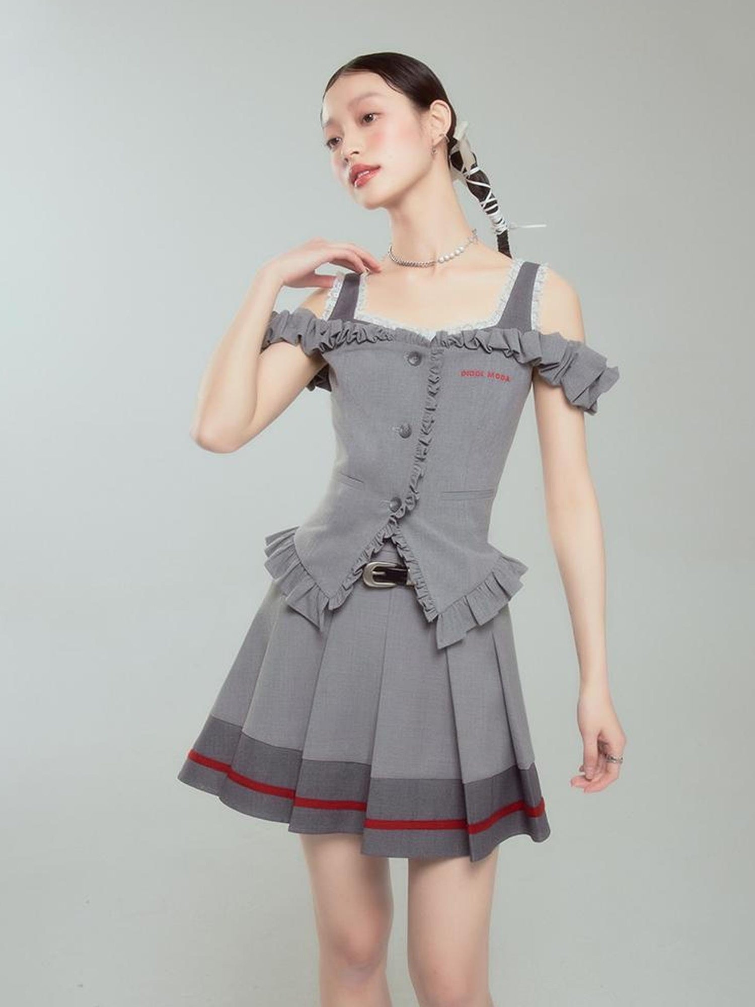 DIDDI MODA Retro Chic High Waist A Line Pleated Skirt With Contrast Trim