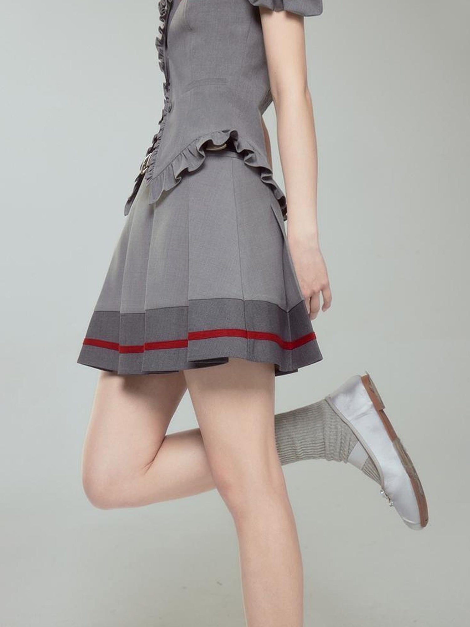 DIDDI MODA Retro Chic High Waist A Line Pleated Skirt With Contrast Trim