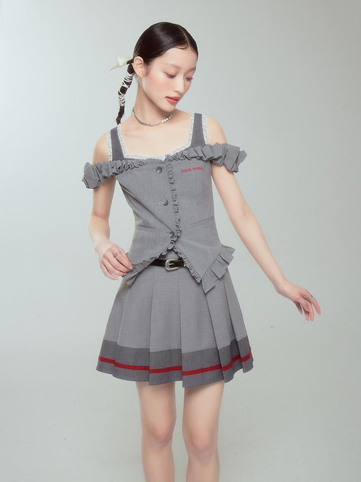 DIDDI MODA Retro Chic High Waist A Line Pleated Skirt With Contrast Trim