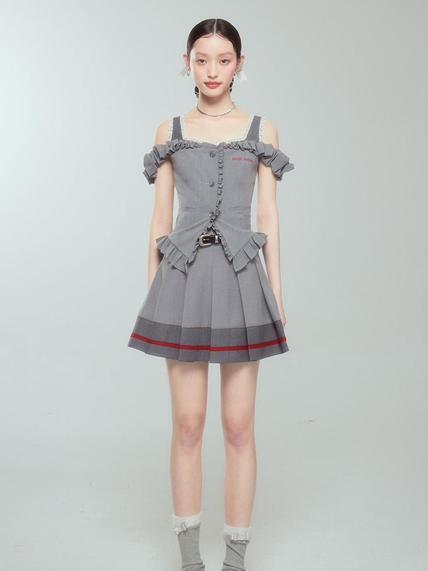 DIDDI MODA Retro Chic High Waist A Line Pleated Skirt With Contrast Trim