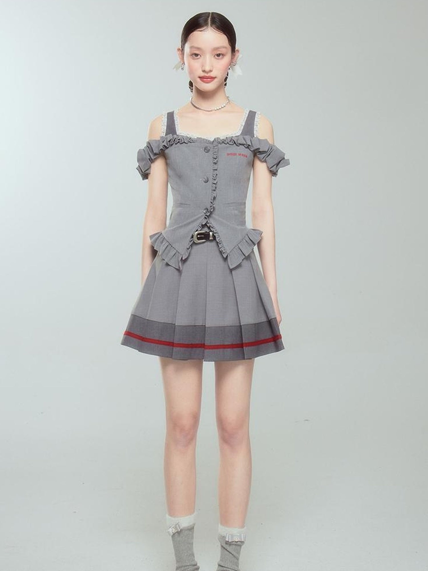 DIDDI MODA Retro Chic High Waist A Line Pleated Skirt With Contrast Trim