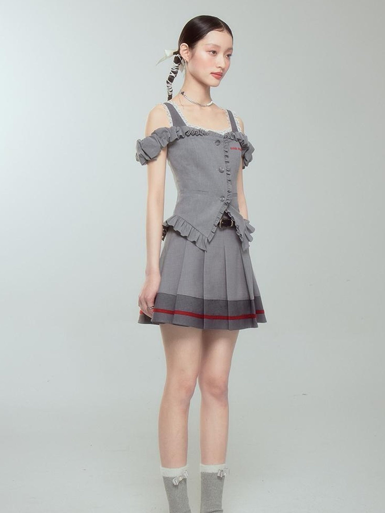 DIDDI MODA Retro Chic High Waist A Line Pleated Skirt With Contrast Trim