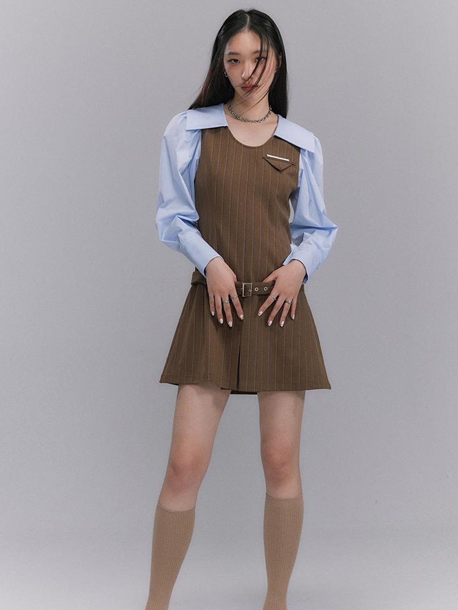 DIDDI MODA Retro Color Block A Line Dress With Low Waist Belt