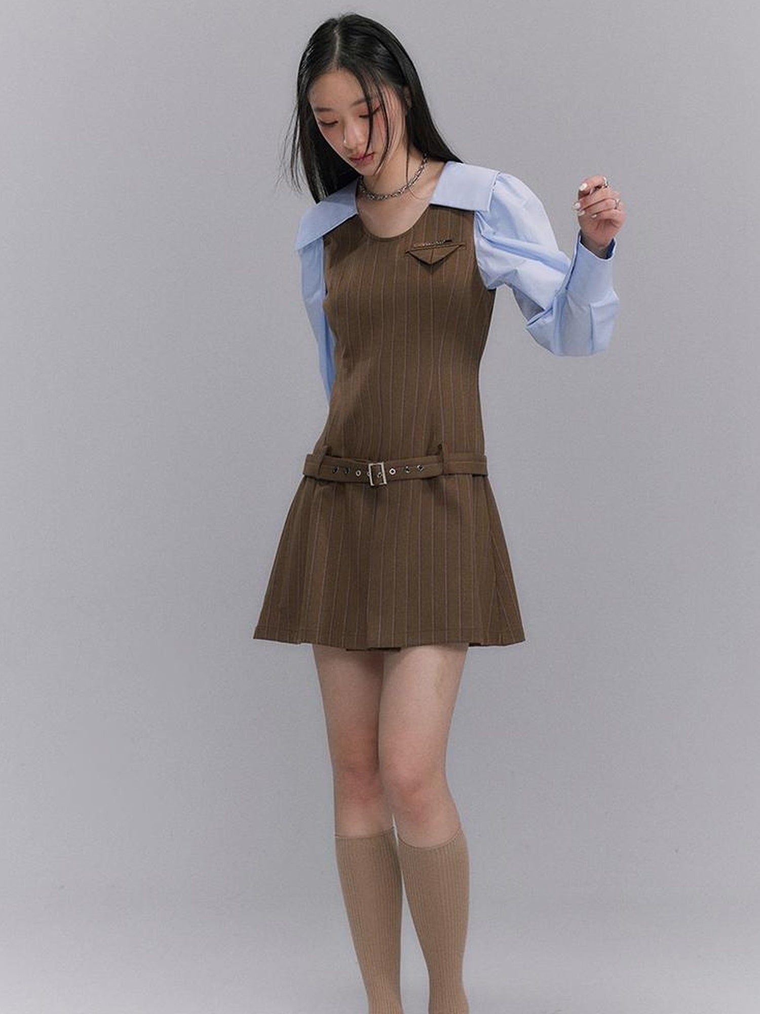 DIDDI MODA Retro Color Block A Line Dress With Low Waist Belt