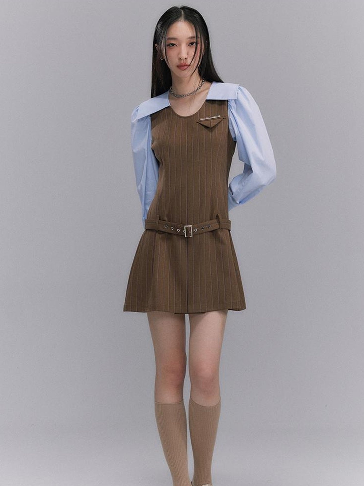 DIDDI MODA Retro Color Block A Line Dress With Low Waist Belt