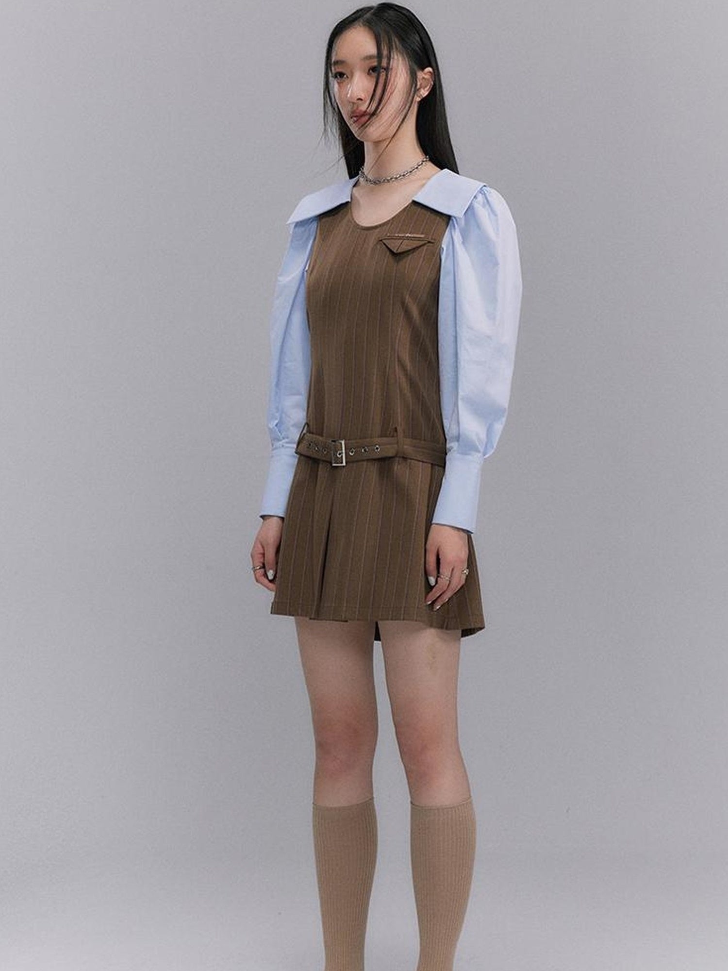 DIDDI MODA Retro Color Block A Line Dress With Low Waist Belt