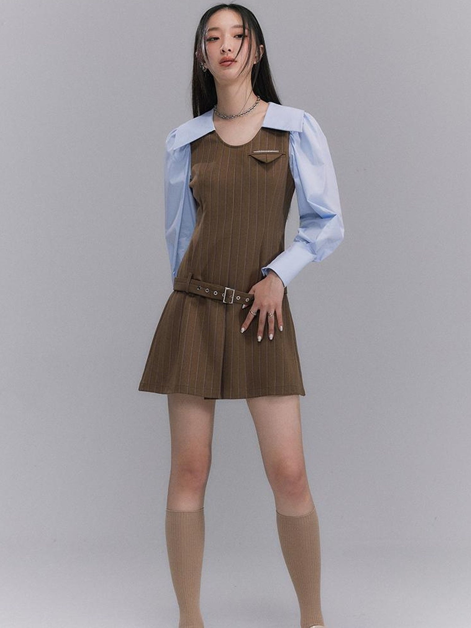 DIDDI MODA Retro Color Block A Line Dress With Low Waist Belt