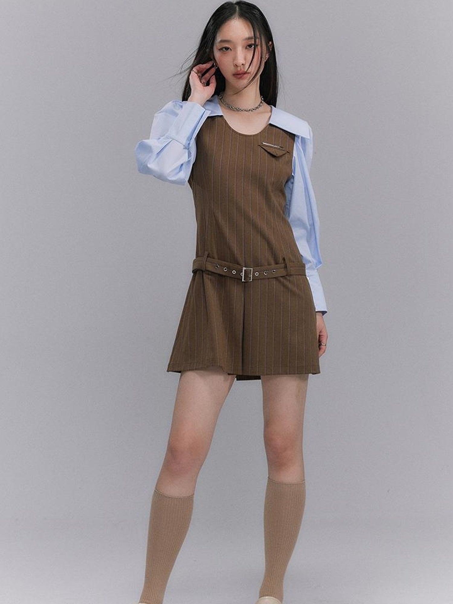 DIDDI MODA Retro Color Block A Line Dress With Low Waist Belt