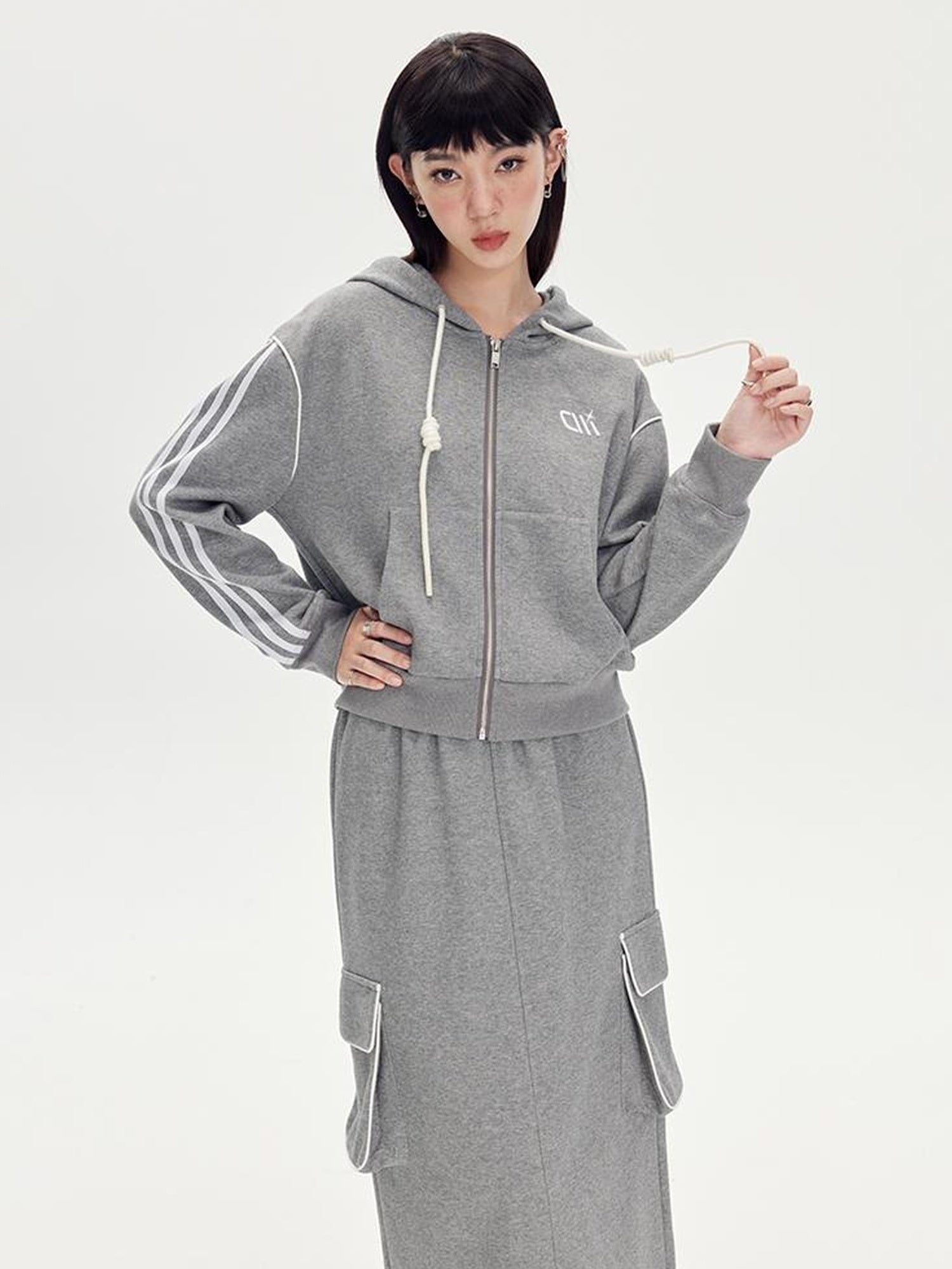 DIDDI MODA Retro Colorblock Embroidered Hoodie Skirt Set