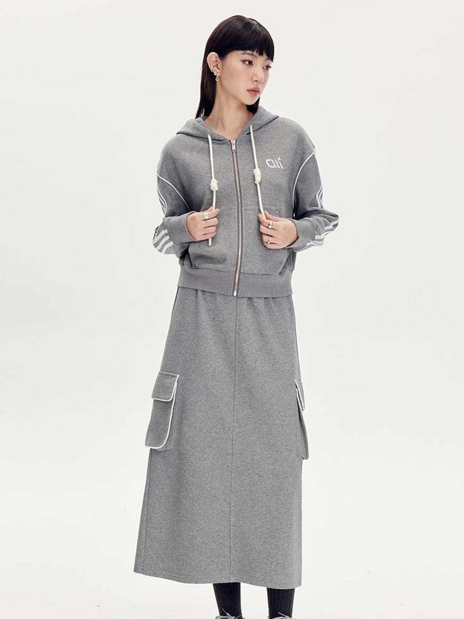 DIDDI MODA Retro Colorblock Embroidered Hoodie Skirt Set