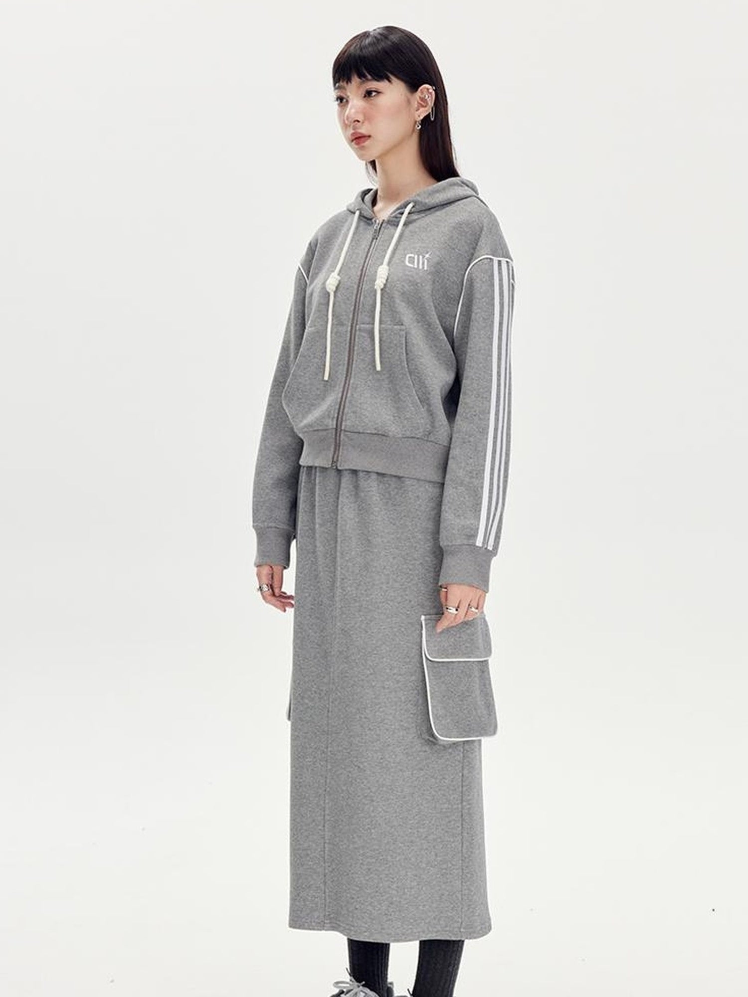 DIDDI MODA Retro Colorblock Embroidered Hoodie Skirt Set