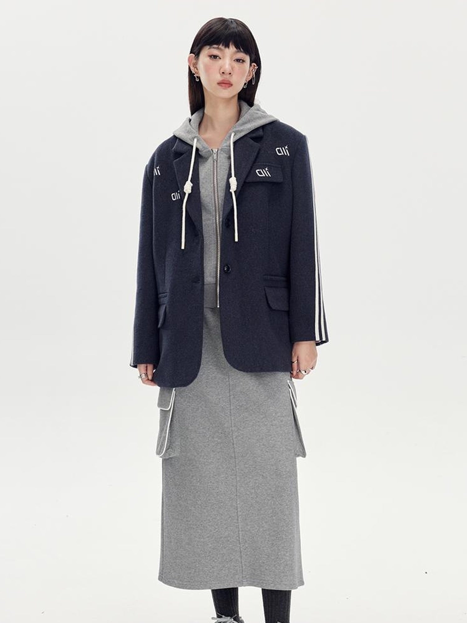 DIDDI MODA Retro Colorblock Embroidered Hoodie Skirt Set