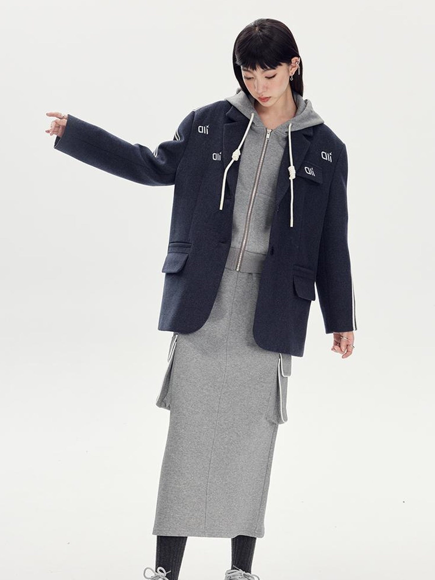 DIDDI MODA Retro Colorblock Embroidered Hoodie Skirt Set