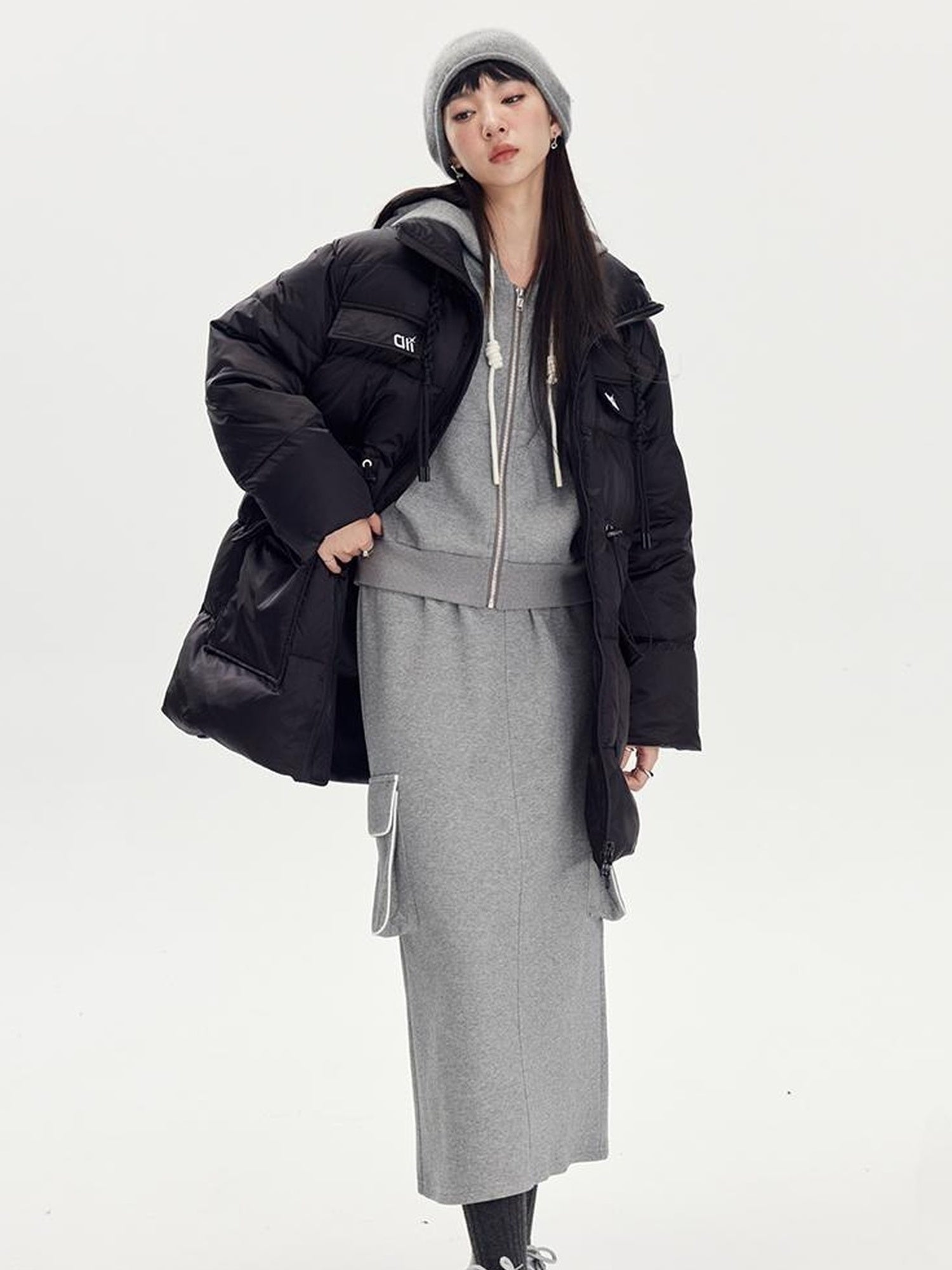 DIDDI MODA Retro Colorblock Embroidered Hoodie Skirt Set